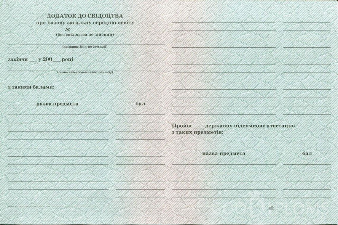 Украинский аттестат за 9 класс - Обратная Сторона приложения- Одессу
